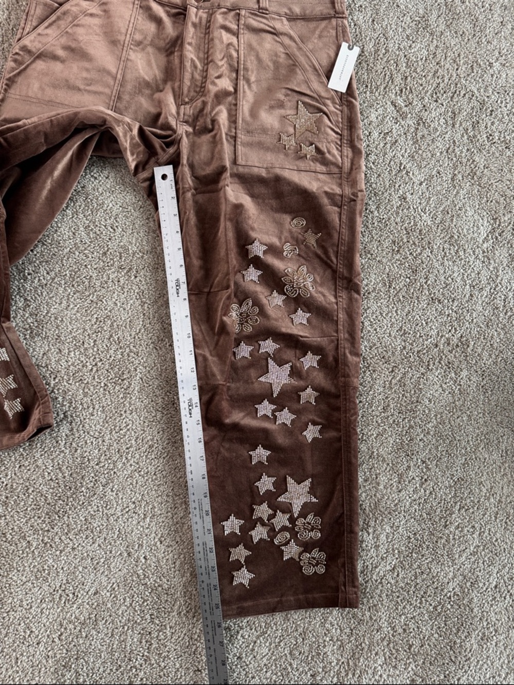 Pilcro Velvet Embroidered Beaded Star & Flower Barrel Pants Western Boho Size 32 - Picture 9 of 10